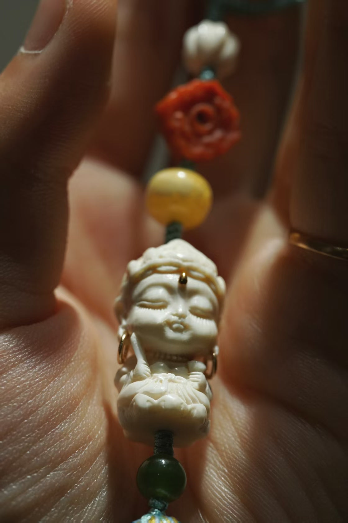 Mammoth Ivory Baby Buddha Handmade Phone Charm with Amber & Natural Carvings
