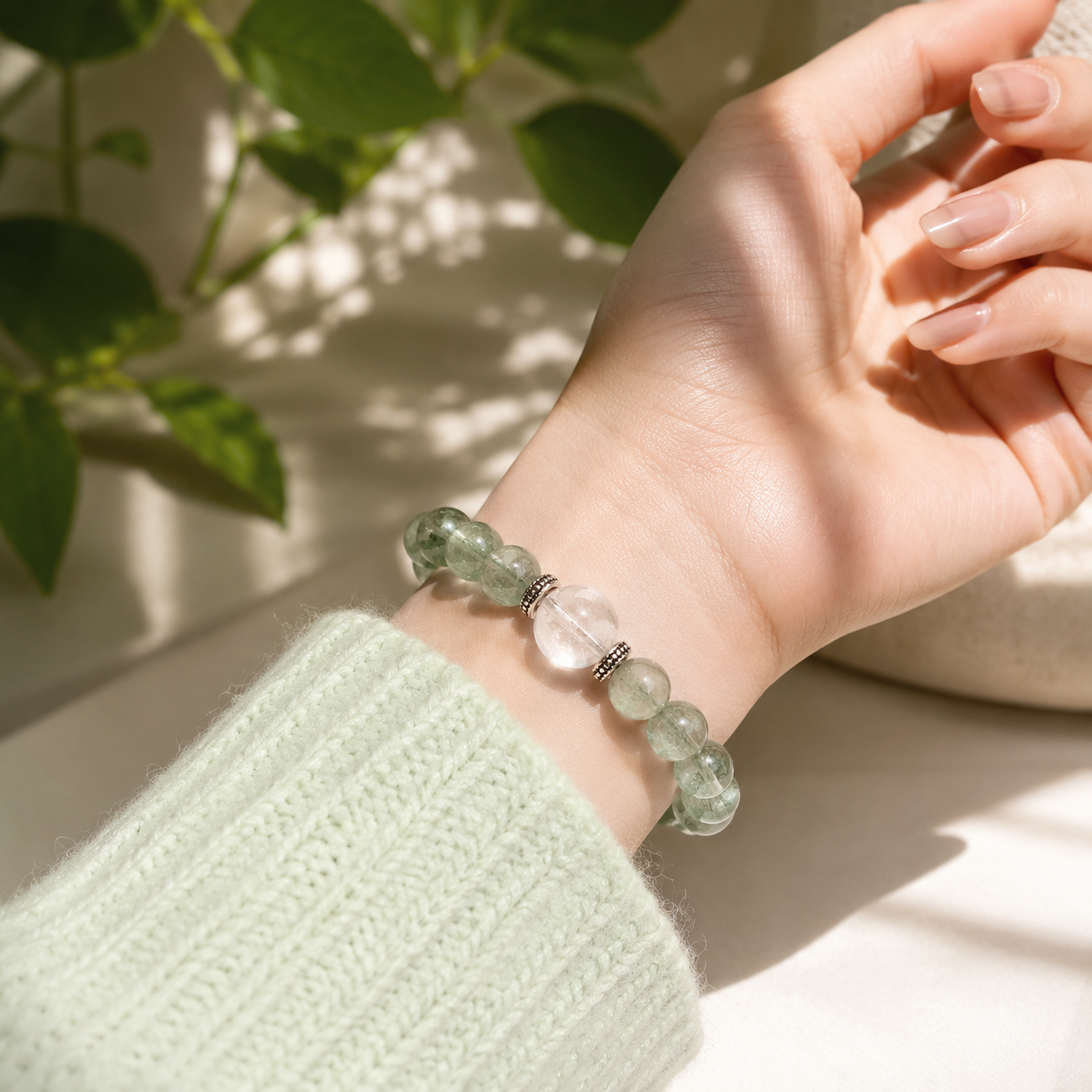 Natural Green Fluorite Bracelet with Clear Quartz