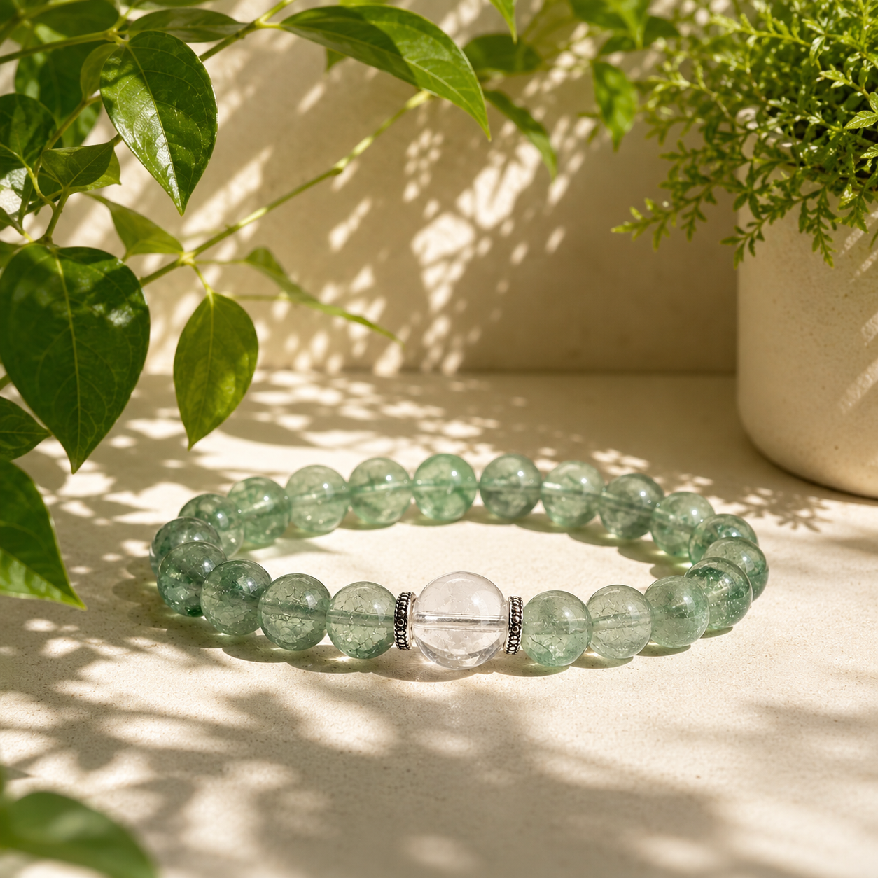 Natural Green Fluorite Bracelet with Clear Quartz