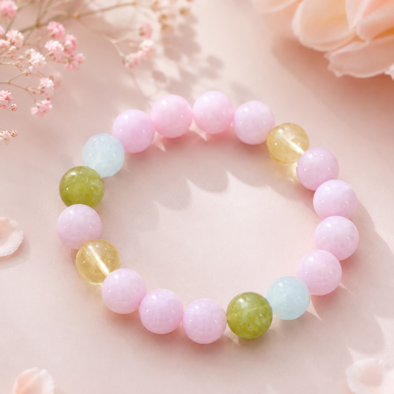 Lepidolite Bracelet with Snowflake Phantom Quartz Cube Charm