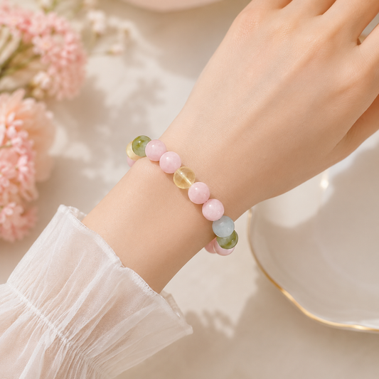 Lepidolite Bracelet with Snowflake Phantom Quartz Cube Charm
