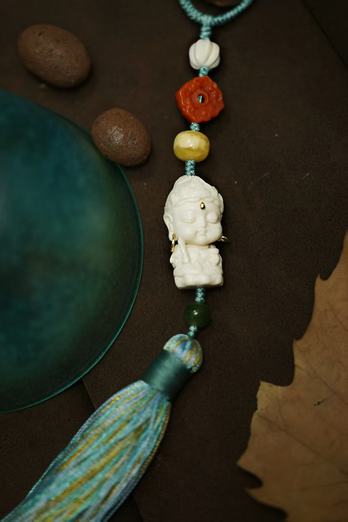 Mammoth Ivory Baby Buddha Handmade Phone Charm with Amber & Natural Carvings