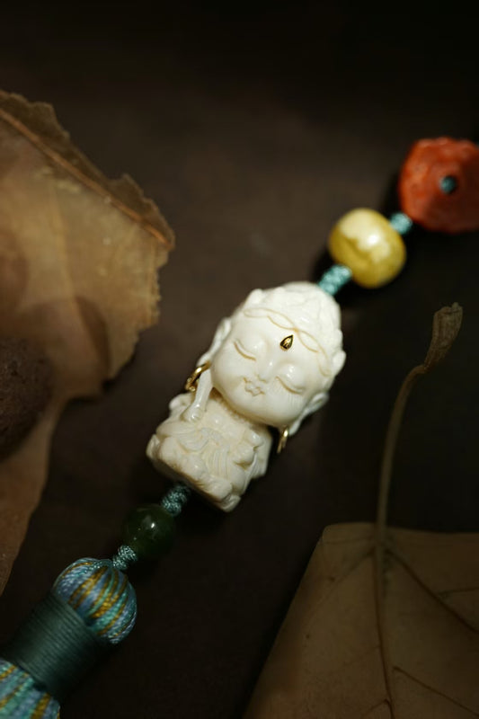 Mammoth Ivory Baby Buddha Handmade Phone Charm with Amber & Natural Carvings