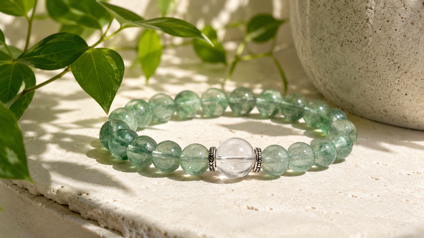 Natural Green Fluorite Bracelet with Clear Quartz