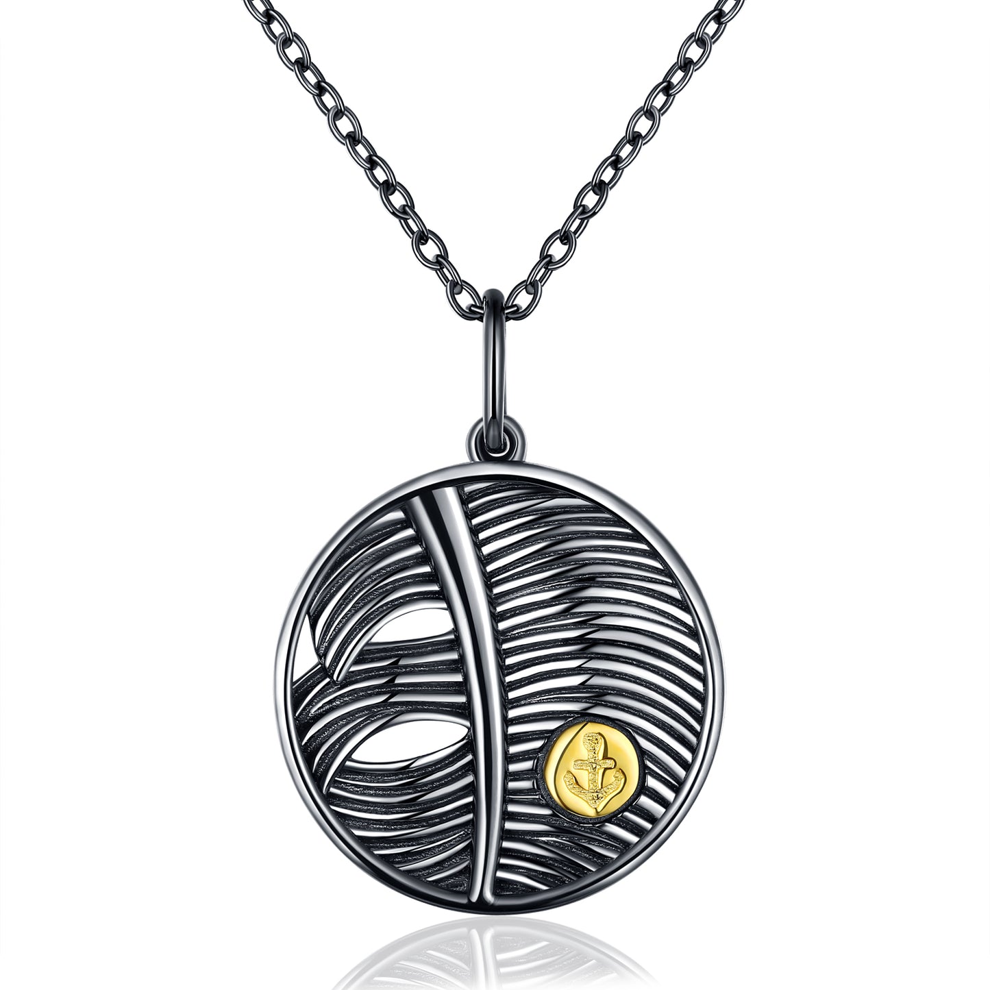 Black Golden Collection - Silver 925 Feather Patterned Pendant Necklace