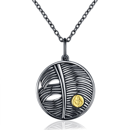 Black Golden Collection - Silver 925 Feather Patterned Pendant Necklace