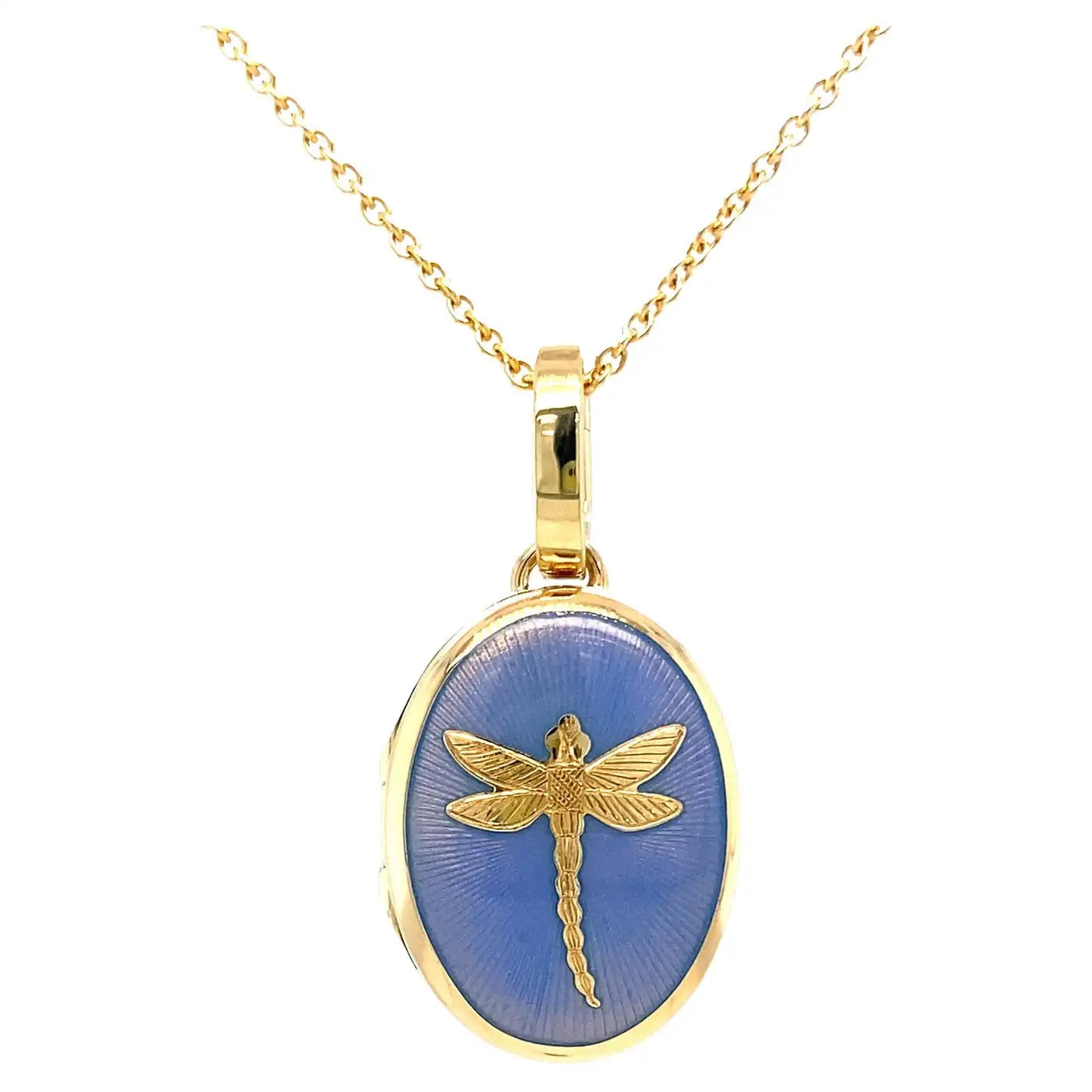 Oval Locket Pendant Dragonfly 18k Yellow Gold Opalescent Blue Guilloche Enamel